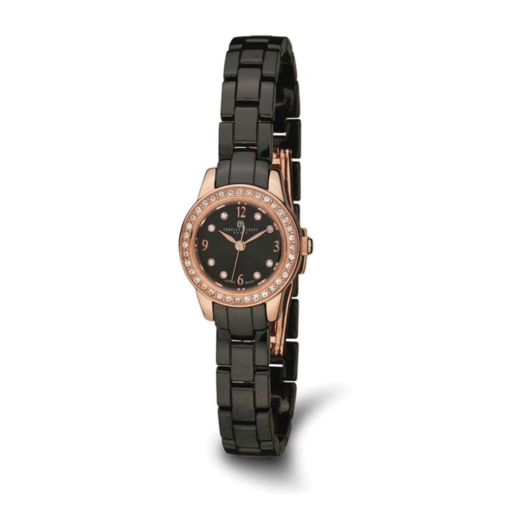 Charles Hubert Ladies Stainless Steel w Ceramic Band Black Dial Watch